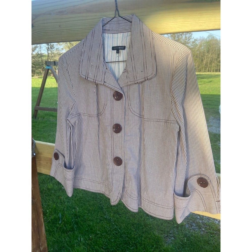 600 West Striped Button Front Jacket Brown White S Smart Sophisticated Preppy